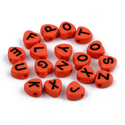 Opaque Acrylic Enamel Beads, Horizontal Hole, Heart with Mixed Black Letters, Orange Red, 7x7x4mm, Hole: 1.5mm