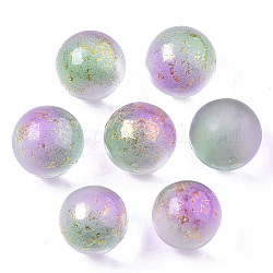 Perles de verre dépoli peintes à la bombe transparente, avec une feuille d'or, pas de trous / non percés, ronde, vert de mer moyen, 12mm