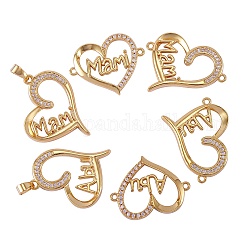 6Pcs 6 Style Brass Micro Pave Clear Cubic Zirconia Links, Long-Lasting Plated, for Mother's Day, Heart with Word Mam & Abu & Mami, Real 18K Gold Plated, 19~26x22~26x3, hole: 1.2~4mm, 1pc/style