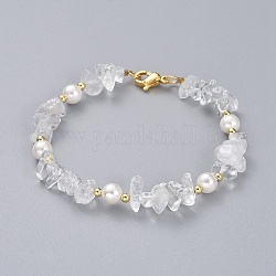 Bracelets en perles de cristal de quartz naturel, avec des perles rondes shell perles, perles en laiton et fermoirs mousquetons en 304 acier inoxydable, 7-1/4 pouce (18.5 cm)