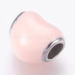316 Surgical Stainless Steel European Beads, Large Hole Beads, with Enamel, Heart, Misty Rose, Stainless Steel Color, 10x11.5x8mm, Hole: 4mm