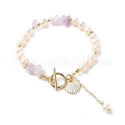 Braccialetto di perline con chip di ametista naturale, bracciali di perle naturali per le donne, con ciondoli a forma di conchiglia, oro, 7-5/8 pollice (19.5 cm)