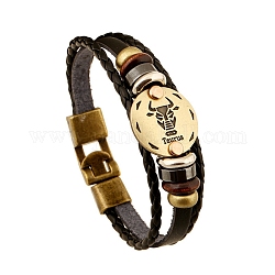 Bracelets multibrins cordon cuir de vachette tressé, bracelet constellation pour homme, avec perle en bois et fermoir en alliage, taurus, 7-7/8~8-1/2 pouce (20~21.5 cm)