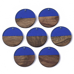 Transparent Resin & Walnut Wood Pendants, Flat Round, Blue, 28.5x3.5~4mm, Hole: 1.5mm