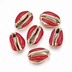 Galvanisierte Kaurimuschel Perlen, mit Emaille, ungebohrt / keine Lochperlen, golden, dunkelrot, 18~22x13~15x7~8 mm