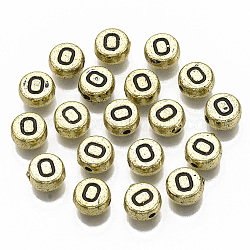 Perles acryliques plaquées, trou horizontal, plat rond avec la lettre, plaqué or, noir, letter.o, 7x4mm, Trou: 1.2mm, environ3600 pcs / 500 g.