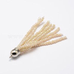 Gros pendentifs pompon de perle en verre à facettes électrolytique, avec les accessoires en laiton, platine, peachpuff, 71x9mm, Trou: 1.5mm