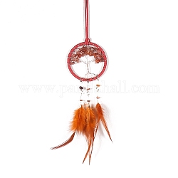 Toile/filet tissé en fer et cornaline naturelle avec décorations pendantes en plumes, rond et plat avec un arbre, 75mm