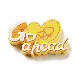 Opaque Resin & Plastic Cabochons, Heart with Word Go ahead, Yellow, 20x32x5.5mm