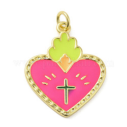 Rack Plating Brass Enamel Pendants, with Jump Ring, Long-Lasting Plated, Cadmium Free & Lead Free, Real 18K Gold Plated, Heart with Cross Charm, Hot Pink, 27x21x1.5mm, Hole: 3mm