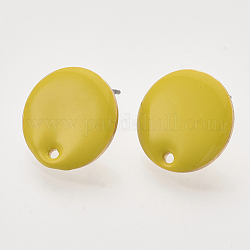Accessoires de clous d'oreilles émaillés de fer, avec broche et boucle brutes (non plaquées), plat rond, or clair, or, 16x1.5~2.5mm, Trou: 1.2~1.5mm, pin: 1 mm