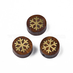 Natural Rosewood Undyed Beads, with Snowflake-Shaped Raw(Unplated) Brass Slices, Flat Round, Saddle Brown, 14x6mm, Hole: 1.8mm