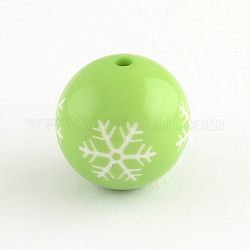 Round Acrylic Snowflake Pattern Beads, Christmas Ornaments, Green Yellow, 18mm, Hole: 2mm