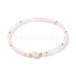 Glass Beads Stretch Bracelets, with Acrylic & Brass Beads, Flat Round with Heart Pattern, Pink, Inner Diameter: 2-1/4 inch(5.7cm)