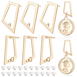 BENECREAT 12Pcs Brass Hollow Out Trapezoid Stud Earring Findings, with Vertical Loops, Nickel Free, with 30Pcs Plastic Ear Nuts, Real 18K Gold Plated, 25x14.5mm, Hole: 3mm, Pin: 0.8mm