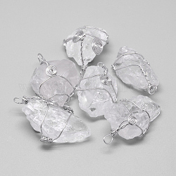 Pendenti di cristallo di quarzo grezzo grezzo naturale, con accessori di ottone, pepite, platino, 30~77x18~28x10~25mm, Foro: 3 mm
