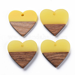 Colgantes de resina opaca y madera de nogal, dos tonos, corazón, amarillo, 24x25x3mm, agujero: 2 mm