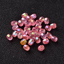 Perles de baril en acrylique transparent plaquées de couleur ab, facette, rose chaud, 4x4mm, Trou: 1mm, environ 13333 pcs/500 g