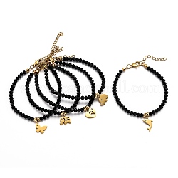 304 Stainless Steel Charm Bracelets, with Rhinestone and Rondelle Glass Beads, Faceted, Mixed Shapes, Black, Golden, 6-7/8 inch(17.6cm)
