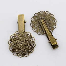 Accessoires de cheveux vintage accessoires clip alligator de cheveux de fer, avec les supports de lunette filigrane fleur pour cabochon, sans nickel, bronze antique, Plateau: 30 mm, 42x30x10mm