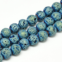 Galvanoplastie des brins de perles de pierre de lave naturelle, Style mat, ronde, vert plaqué, 6~7mm, Trou: 1mm, Environ 60 pcs/chapelet, 14.7~15.1 pouce