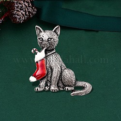 Christmas Theme Enamel Brooch Pin, Alloy Badge for Backpack Clothes, Cat Shape, 43x52mm