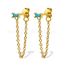 Real 18K Gold Plated 925 Sterling Silver Chains Front Back Stud Earrings, with Rectangle Cubic Zirconia, Sky Blue, 48x4mm