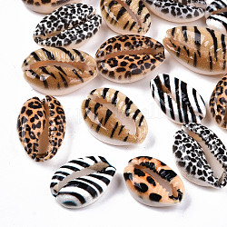 Printed Natural Cowrie Shell Beads, No Hole/Undrilled, with Animal Skin Pattern, Mixed Color, 18~22x13~14x6~8mm