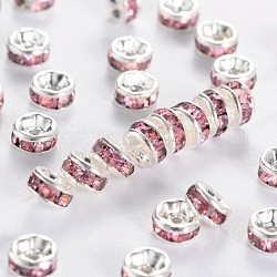 Séparateurs perles en laiton avec strass, couleur argentée, sans nickel, rose, 8x3.8mm, Trou: 1.5mm