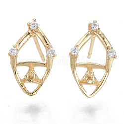 Brass Micro Pave Clear Cubic Zirconia Stud Earring Findings, for Half Drilled Beads, Nickel Free, Rhombus, Real 18K Gold Plated, 14x9mm, Pin: 0.7mm, Pin: 0.8mm(For Half Drilled Beads)
