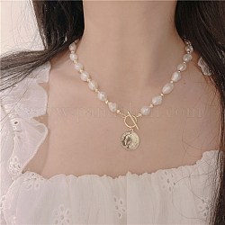 Shell pendentifs perle, avec 925 pendentifs en argent sterling, plat rond, blanc antique, or clair, 19.7 pouce (50 cm)