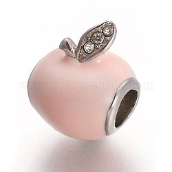 Perles européennes en 304 acier inoxydable, avec l'émail et strass, Perles avec un grand trou   , pomme, couleur inoxydable, rose, 13.5x11x10mm, Trou: 4.5mm