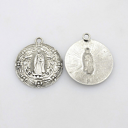 Alloy Lady of Guadalupe Pendants, Cadmium Free & Lead Free, Flat Round, Virgin Mary, Antique Silver, 28x25x3mm, Hole: 2mm
