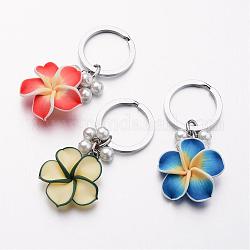Porte-clés en fer couleur platine, avec la main de fleurs en pâte polymère et perles de verre nacrées, couleur mixte, 81mm