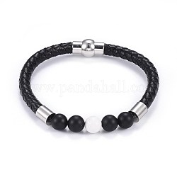 Men's Braided Leather Cord Bracelets, with Natural Howlite and Black Agate(Dyed), Brass and Stainless Steel Findings, Black, 8-1/2 inch(21.5cm), 6mm