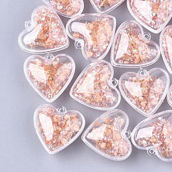 Ciondoli di plastica, con fiori secchi e strass, cuore, salmone chiaro, 29x30x18mm, Foro: 1.8 mm
