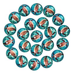 50 pièces cabochons en verre dôme, demi-rond avec motif tortue, turquoise, 25x7mm