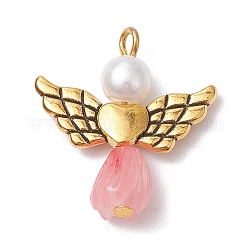 Pendenti di perle imitazione resina, Ciondoli di angelo rosa con ali di cuore in lega placcata oro antico, roso, 23.5~24x22x6.5mm, Foro: 1.8~2.2 mm