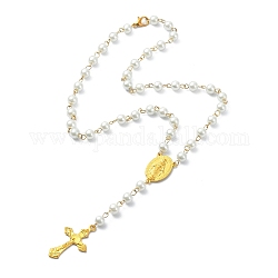 Glass Pearl Rosary Bead Necklaces, Alloy Crucifix Cross & Virgin Mary Pendant Necklace, White, 17.72 inch(45cm)