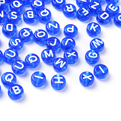 Transparente blaue Acrylperlen, horizontales Loch, gemischten Buchstaben, flach rund mit weißem Buchstaben, 7x4 mm, Bohrung: 1.5 mm, 100 Stück / Beutel