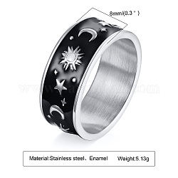 Mond- und Sternfingerring aus schwarzer Emaille, Edelstahlschmuck für Damen, Edelstahl Farbe, uns Größe 10 (19.8mm)