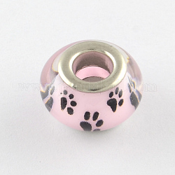 Perlas europeas de resina con estampado de huellas de perro con agujero grande, con núcleos de doble color plateado latón chapado, rerondana plana, rosa, 14x9~10mm, agujero: 5 mm