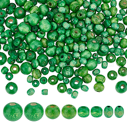PandaHall Elite 480Pcs 4 Styles Dyed Natural Wood Beads, Lead Free, Round & Oval/Oblong, Green, 6~10x4~9mm, Hole: 2~3mm, 120pcs/style