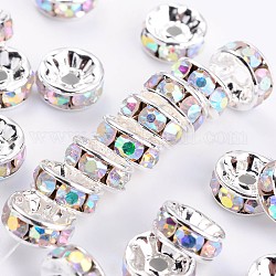 Brass Grade A Rhinestone Spacer Beads, Silver Color Plated, Nickel Free, Crystal AB, 8x3.8mm, Hole: 1.5mm