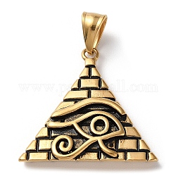 Placage ionique (ip) 304 pendentifs en acier inoxydable, pyramide avec breloque oeil d'horus, Or antique, 34x34x8mm, Trou: 4.5x9.5mm
