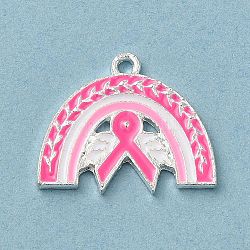 Pendenti in smalto in lega a tema nastro rosa per la consapevolezza del cancro al seno, argento, arcobaleno, 17.5x21.5x1.5mm, Foro: 1.5 mm