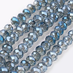 FilI di perline in vetro placcato, pieno arcobaleno placcato, sfaccettato, rondelle, Blue Steel, 6x4~5mm, Foro: 0.8~1 mm, circa 88~92pcs/filo, 15.5 pollice ~ 16 pollici (39~45 cm)