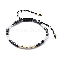 Verstellbare Nylonschnur geflochtenen Perlen Armbänder, mit Glasperlen und Messingperlen, Schwarz, Innendurchmesser: 2-3/8~3-3/4 Zoll (5.9~9.4 cm)