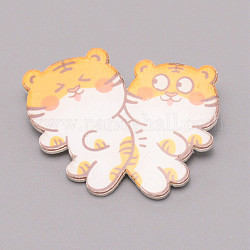 Double Tiger Chinese Zodiac Acrylic Brooch, Lapel Pin for Chinese Tiger New Year Gift, White, Orange, 32x41x7mm