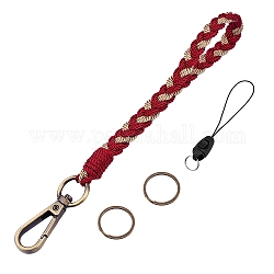 Boho macramé bracelet porte-clés keying, lanière de poignet tressée à la main avec corde mobile anti-perte portable pour femme, rouge foncé, 19 cm